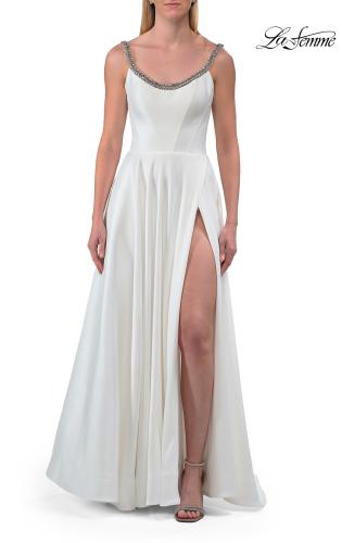 Picture of: Elegant A-Line Evening Gown with Beaded Straps and High Slit in White, Style: 33106, Detail Picture 5
