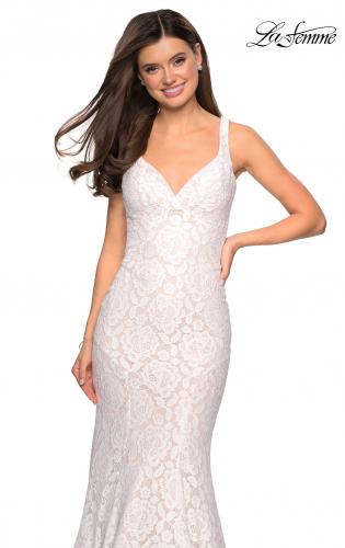 Picture of: Stretch Lace Long Dress with Open Strappy Back in White, Style: 27623, Detail Picture 6