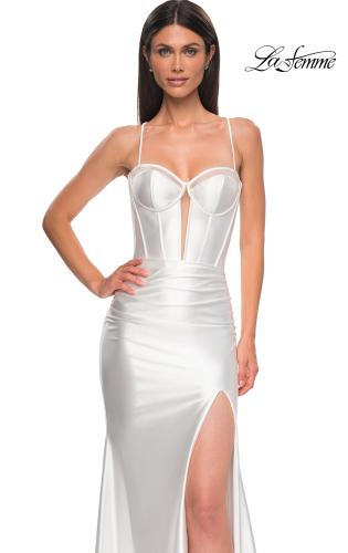 Picture of: Unique Stretch Satin Gown with Corset Bodice and Open Back in White , Style 32683, Detail Picture 6