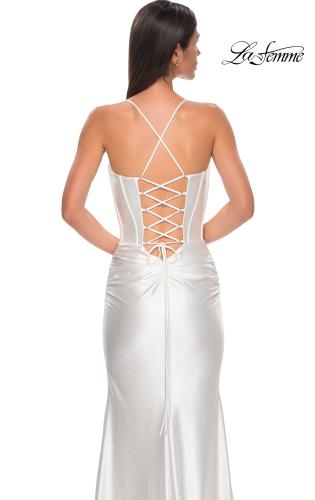 Picture of: Unique Stretch Satin Gown with Corset Bodice and Open Back in White , Style 32683, Detail Picture 7
