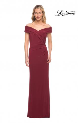 Picture of: Off The Shoulder Jersey Dress with Ruching in Wine, Style: 27959, Detail Picture 3