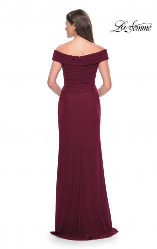Picture of: Off the Shoulder Jersey Evening Gown with Ruching in Wine, Style: 31677, Detail Picture 4