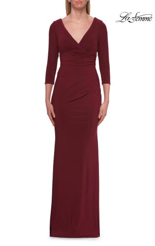 Picture of: V-Neck Ruched Gown with Three-Quarter Sleeves in Wine, Style: 33214, Detail Picture 7