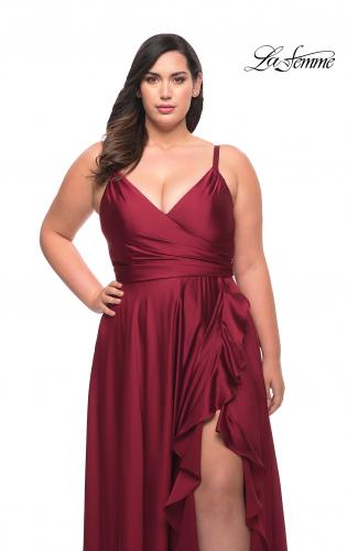 Picture of: Ruffle Slit Satin Long Plus Size Dress with V Neck in Wine, Style: 29740, Detail Picture 10