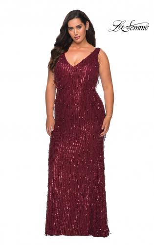 Picture of: Sequin Fringe Plus Size Prom Gown with V-Neck in Wine, Style: 28946, Detail Picture 6