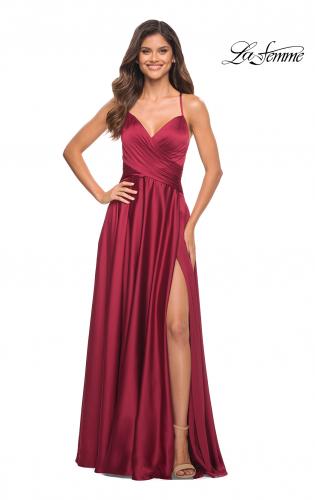Picture of: Satin Jewel Tone Gown with Criss-Cross Ruched Top in Wine, Main Picture