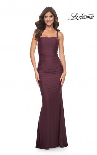 Picture of: Simple Ruched Jersey Dress with Lace Up Back in Wine, Style: 31919, Main Picture
