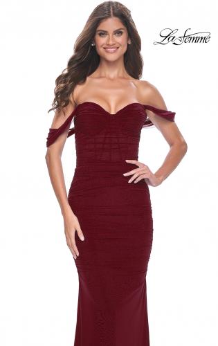Picture of: Off the Shoulder Net Jersey Dress with Ruching in Wine, Style: 31914, Detail Picture 12
