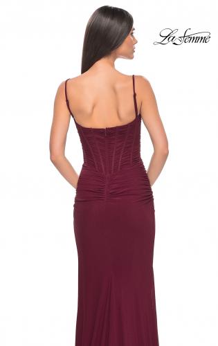 Picture of: Bustier Net Jersey Prom Dress with Ruching and High Slit in Wine, Style: 32161, Detail Picture 16