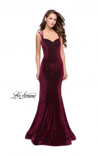Picture of: Velvet Form Fitting Prom Dress with Intricate Back in Wine, Style: 25681, Back Picture