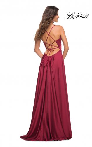 Picture of: Satin Jewel Tone Gown with Criss-Cross Ruched Top in Wine, Back Picture