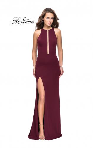 Picture of: Long Jersey Dress with High Neckline and Side Leg Slit in WIne, Style: 25477, Detail Picture 1