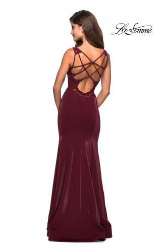 Picture of: Jersey Prom Dress with Strappy Back and Lace Accents in Wine, Style: 27474, Back Picture