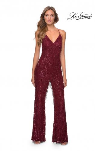 Picture of: Fringe Sequin Jumpsuit with V-Neckline in Wine, Style: 28864, Detail Picture 1