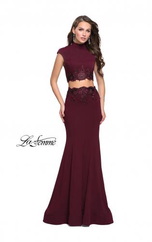 Picture of: Two Piece Jersey Applique Gown with Short Sleeves in Wine, Style: 26196, Detail Picture 2