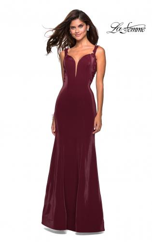 Picture of: Jersey Prom Dress with Strappy Back and Lace Accents in Wine, Style: 27474, Detail Picture 2