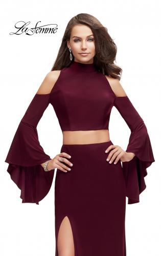 Picture of: Long Two Piece Dress with Cold Shoulders and Bell Sleeves in Wine, Style: 25353, Detail Picture 3