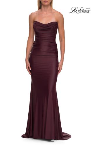 Picture of: Ruched Jersey Evening Gown with Draped Neckline and Sheer Corset Back in Wine, Style: 33415, Detail Picture 7