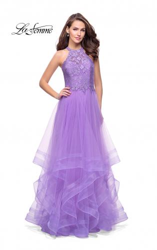 Picture of: Long Prom Ball Gown with Tulle Overlay and Beaded Top in Wisteria, Style: 25671, Detail Picture 2
