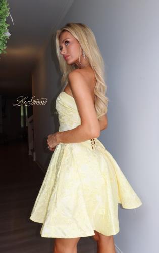 Picture of: Strapless Jacquard Lace-Up Mini Dress in Yellow, Style 34147, Detail Picture 8