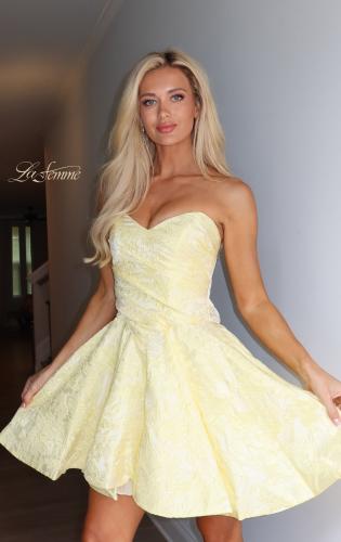Picture of: Strapless Jacquard Lace-Up Mini Dress in Yellow, Style 34147, Detail Picture 9