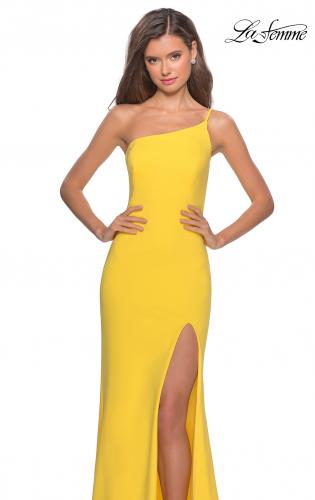 one shoulder yellow gown