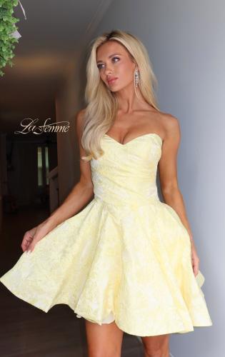 Picture of: Strapless Jacquard Lace-Up Mini Dress in Yellow, Style 34147, Detail Picture 7