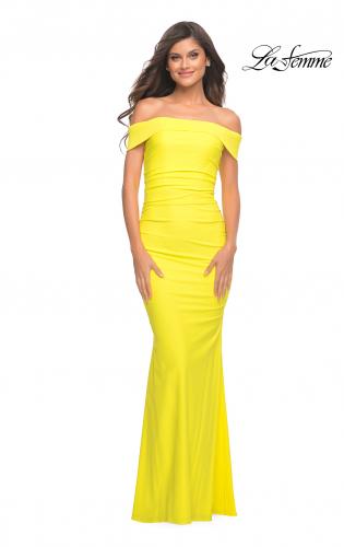 Picture of: Long Off the Shoulder Ruched Neon Jersey Dress in Yellow, Style: 30421, Main Picture