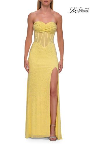 Picture of: Strapless Rhinestone Corset Gown with Sweetheart Neckline and High Slit in Yellow, Style: 33304, Detail Picture 12