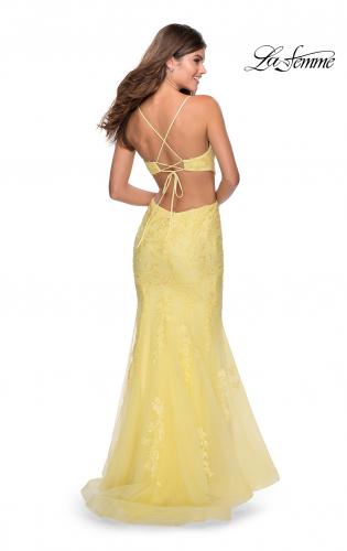 Picture of: Mermaid Tulle Gown with Floral Lace and Rhinestones in Yellow, Style: 28768, Back Picture