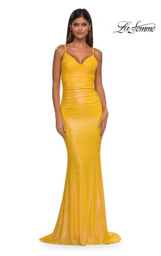 Picture of: Gorgeous Metallic Prom Dress with Ruching and Illusion Back in Yellow, Style: 33034, Detail Picture 3