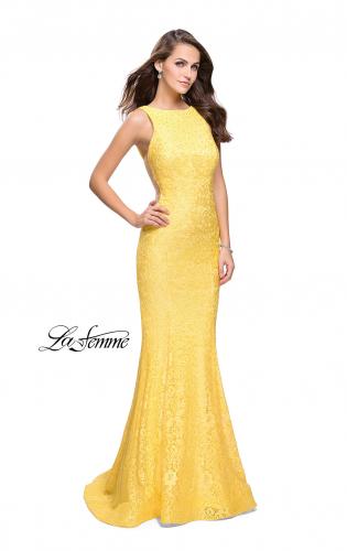 Picture of: Lace Mermaid Dress with Sheer Sides and Low Back in Yellow, Style: 24903, Detail Picture 4