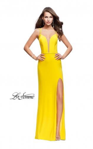 Picture of: Form Fitting Jersey Prom Dress with Side Leg Slit in Yellow, Style: 25725, Detail Picture 2