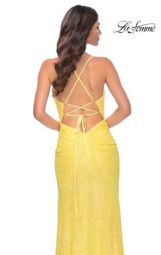 Picture of: Stretch Sequin Fitted Prom Dress with Open Back in Yellow, Style: 32330, Detail Picture 4