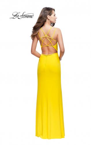 Picture of: Form Fitting Jersey Prom Dress with Side Leg Slit in Yellow, Style: 25725, Detail Picture 5