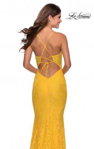 Picture of: Floor Length Lace Prom Dress with Sheer Bodice in Yellow, Style: 28591, Detail Picture 5