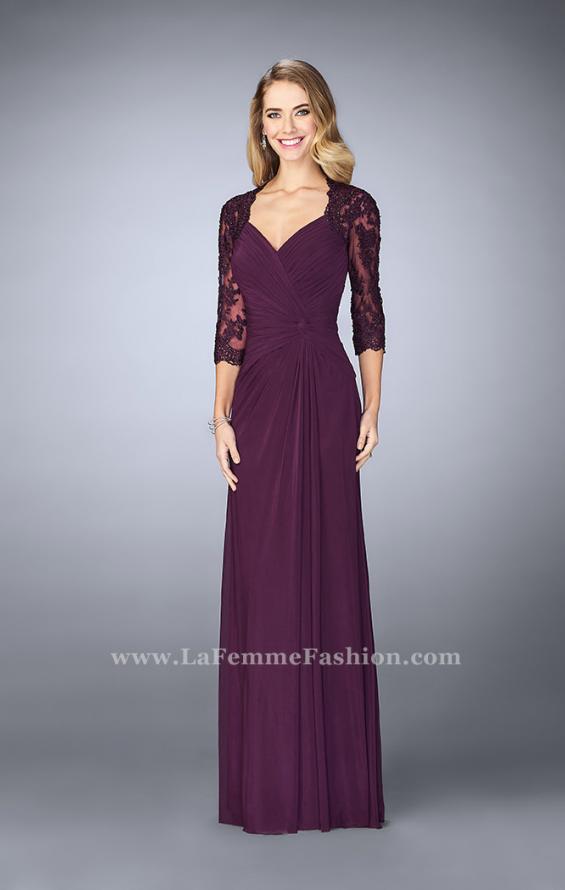 Picture of: Jersey Gown with Knot Detail and Lace Sleeves in Eggplant, Style: 23244, Detail Picture 7