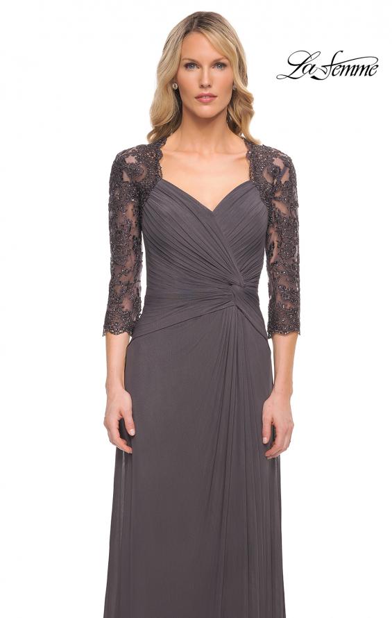 Picture of: Jersey Gown with Knot Detail and Lace Sleeves in Silver, Style: 23244, Detail Picture 5