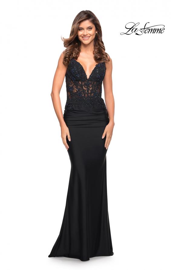 Picture of: Illusion Lace V Neck Top with Jersey Skirt Dress in Black, Style: 30757, Detail Picture 1