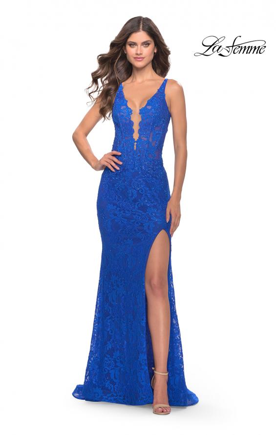 Picture of: Long Lace Prom Dress with Plunging Neckline in Royal Blue, Style: 28648, Detail Picture 8