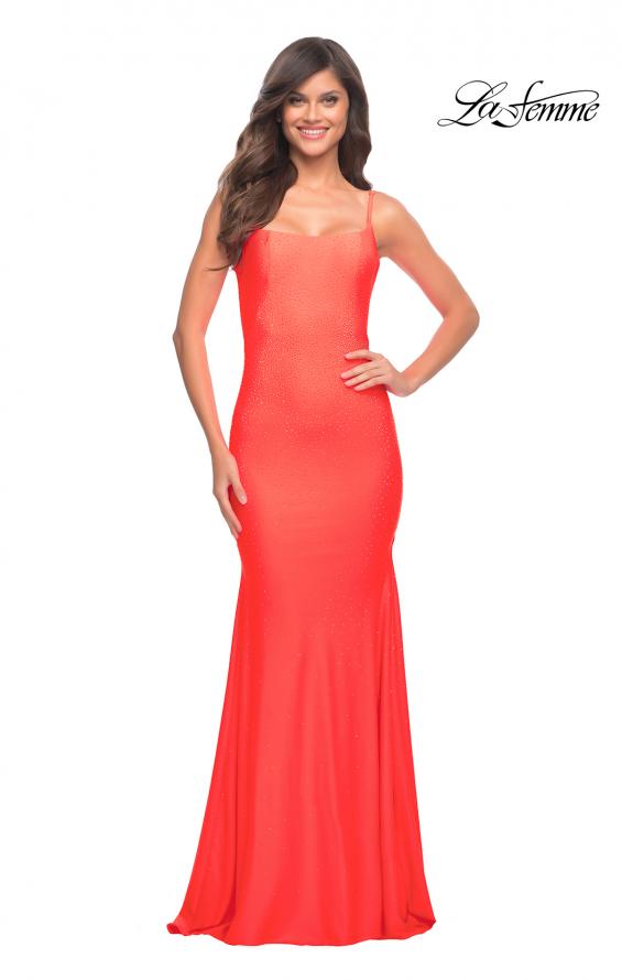 Picture of: Jewel Embellished Long Jersey Gown with Train in Hot Coral, Style: 30563, Detail Picture 8