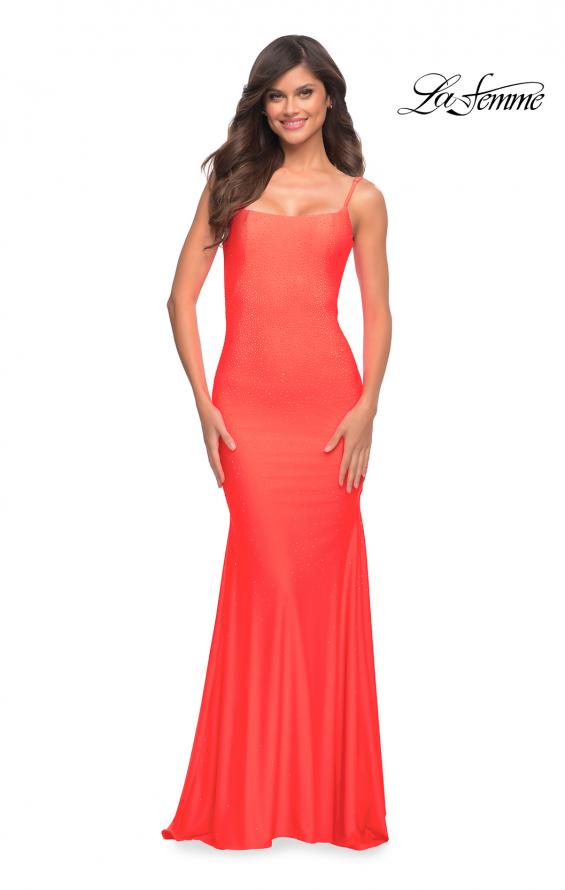 Picture of: Jewel Embellished Long Jersey Gown with Train in Hot Coral, Style: 30563, Detail Picture 9
