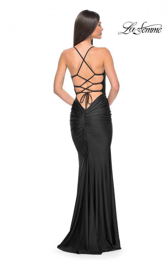Picture of: Fitted Long Jersey Prom Dress with Ruching and Lace Up Back in Black, Style: 31618, Detail Picture 13