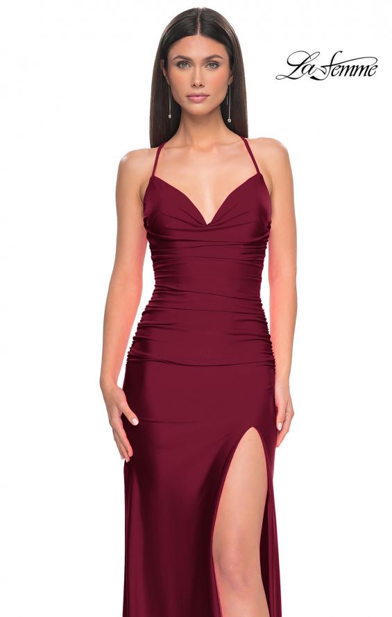 Picture of: Ruched Jersey Prom Dress with Slit in Jewel Tones in Dark Berry, Style 31130, Detail Picture 8