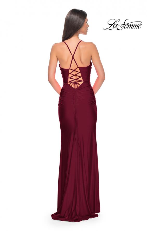 Picture of: Ruched Jersey Prom Dress with Slit in Jewel Tones in Dark Berry, Style 31130, Detail Picture 9