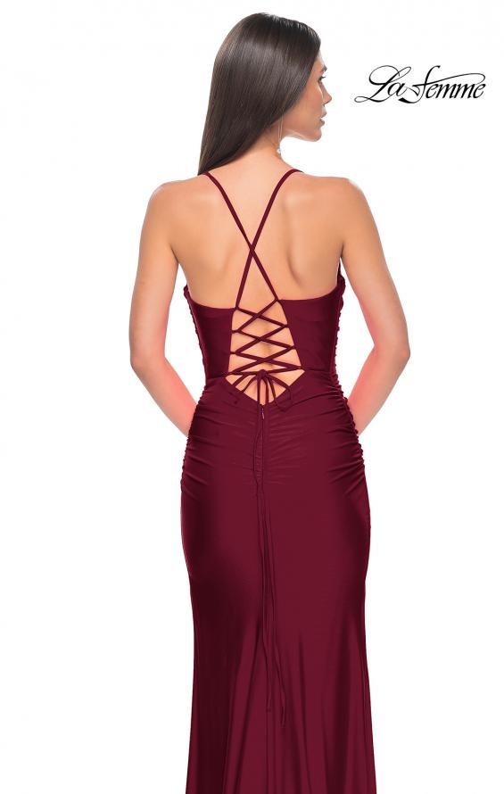 Picture of: Ruched Jersey Prom Dress with Slit in Jewel Tones in Dark Berry, Style 31130, Detail Picture 10