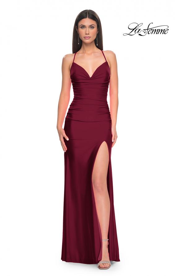Picture of: Ruched Jersey Prom Dress with Slit in Jewel Tones in Dark Berry, Style 31130, Detail Picture 2