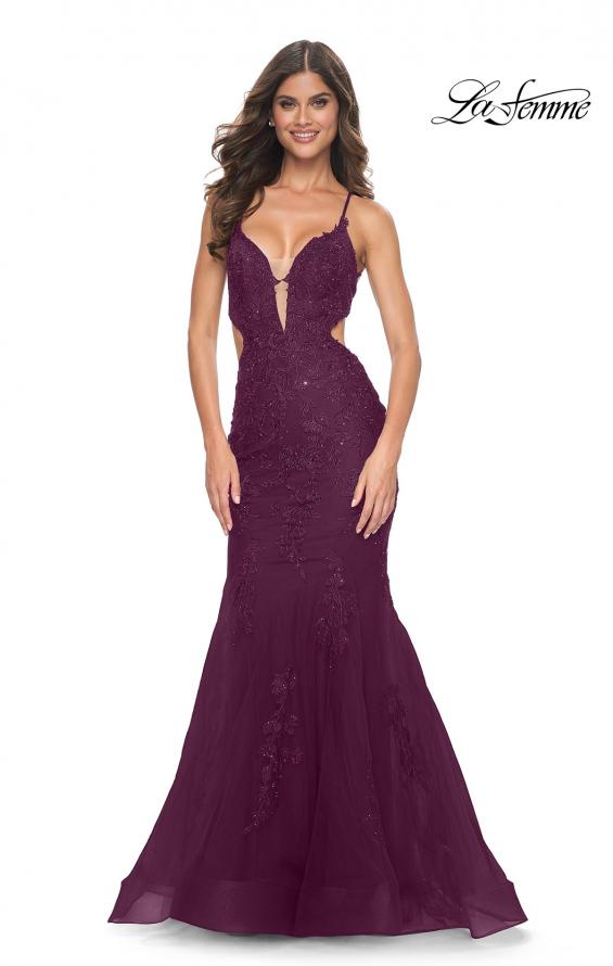 Picture of: Lace and Tulle Mermaid Gown with Side Cut Outs in Jewel Tones in Dark Berry, Style 31132, Detail Picture 2
