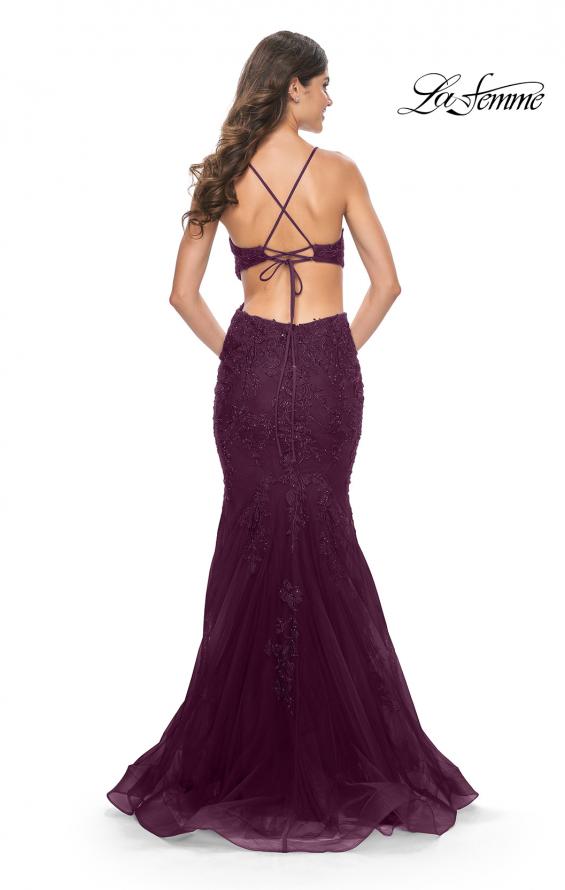 Picture of: Lace and Tulle Mermaid Gown with Side Cut Outs in Jewel Tones in Dark Berry, Style 31132, Detail Picture 3