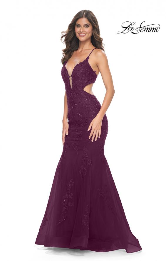 Picture of: Lace and Tulle Mermaid Gown with Side Cut Outs in Jewel Tones in Dark Berry, Style 31132, Detail Picture 4